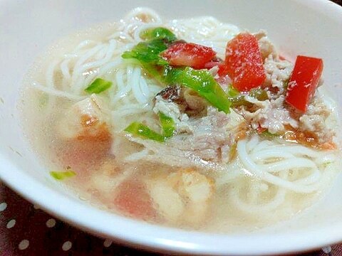 ガーリックチキン風味の赤パプリカ刻みネギ入り素麺